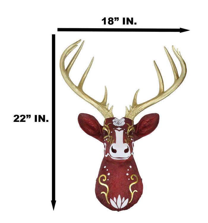 Sweet Rose Red Parade Buck Stag Deer Golden Antlers Scrollwork Wall Decor Plaque