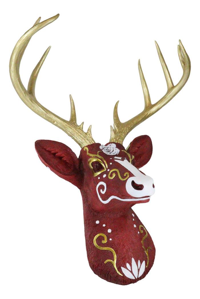 Sweet Rose Red Parade Buck Stag Deer Golden Antlers Scrollwork Wall Decor Plaque
