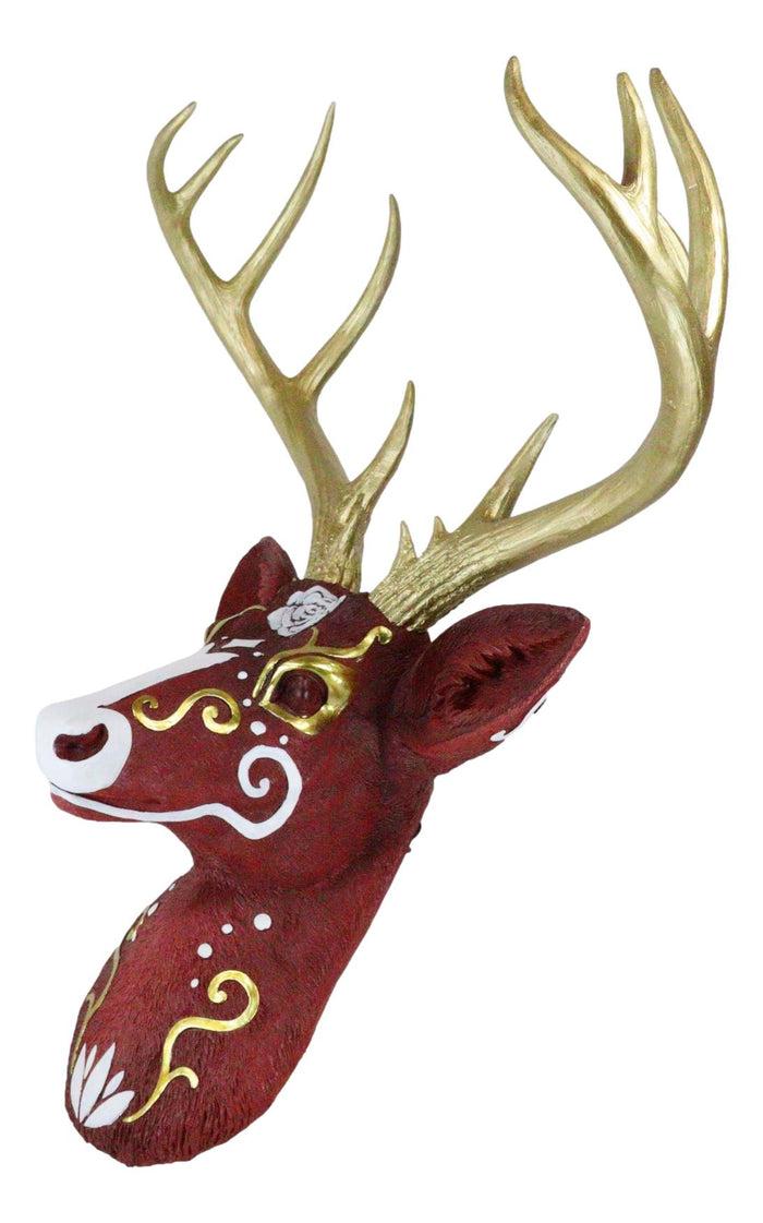 Sweet Rose Red Parade Buck Stag Deer Golden Antlers Scrollwork Wall Decor Plaque