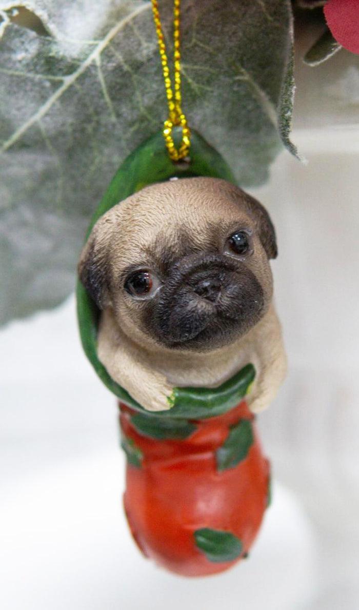 Teacup Pug Puppy Dog In Red Holly Sock Christmas Tree Small Hanging Ornament Teacup Pug Puppy Dog In Red Holly Sock Christmas Tree Small Hanging Ornament