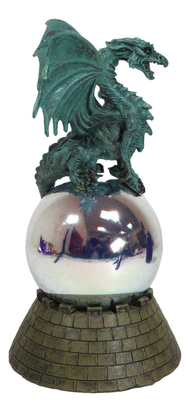 Teal Monarch Dragon Perching On LED Optic Plasma Ball With Battlement Wall Base