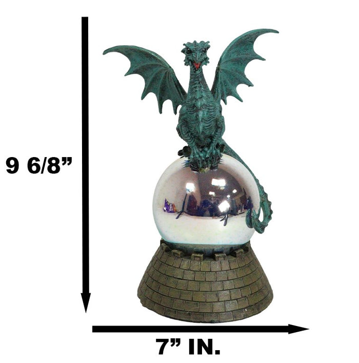 Teal Monarch Dragon Perching On LED Optic Plasma Ball With Battlement Wall Base