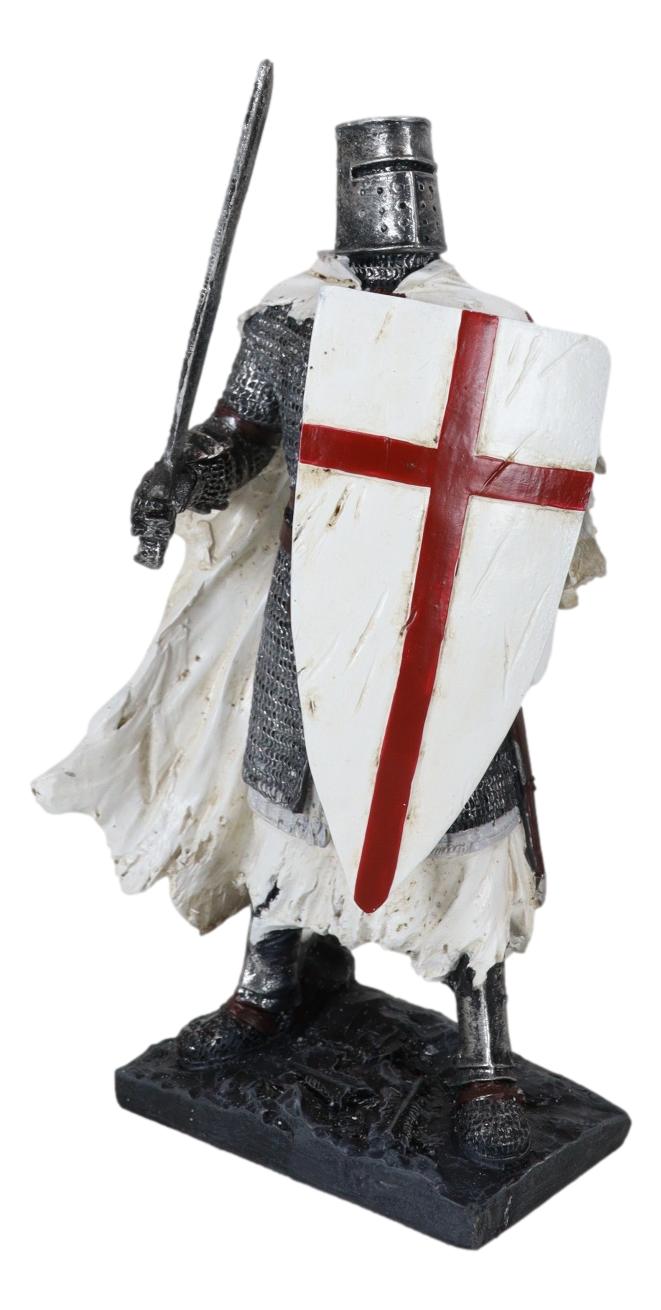 Templar White Cloak Medieval Crusader Swordsman Knight W/ Cross Shield Figurine
