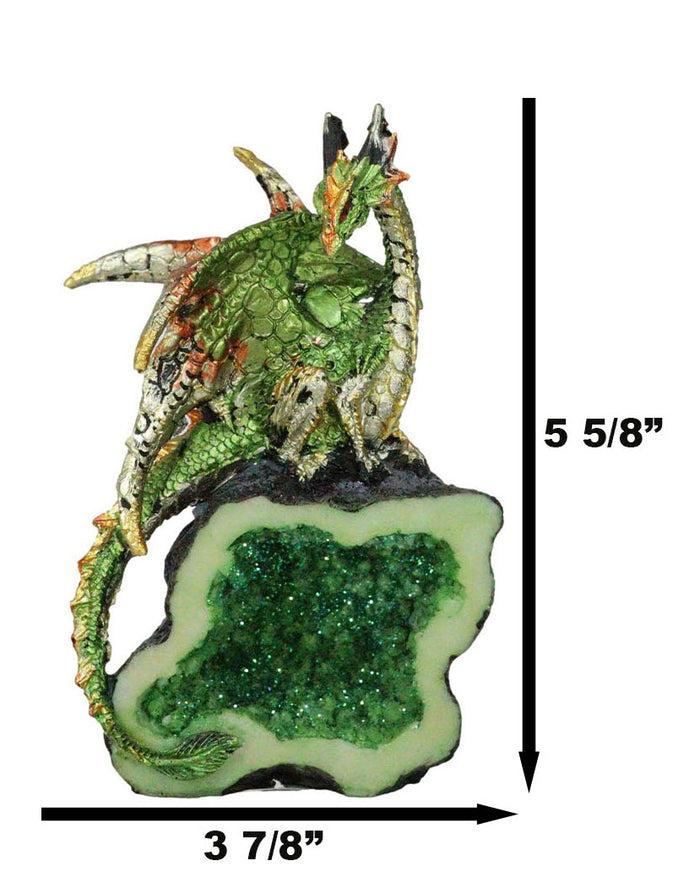 Terra Green Iridescent Dragon On Faux Geode Rock Quartz Crystal Cove Figurine