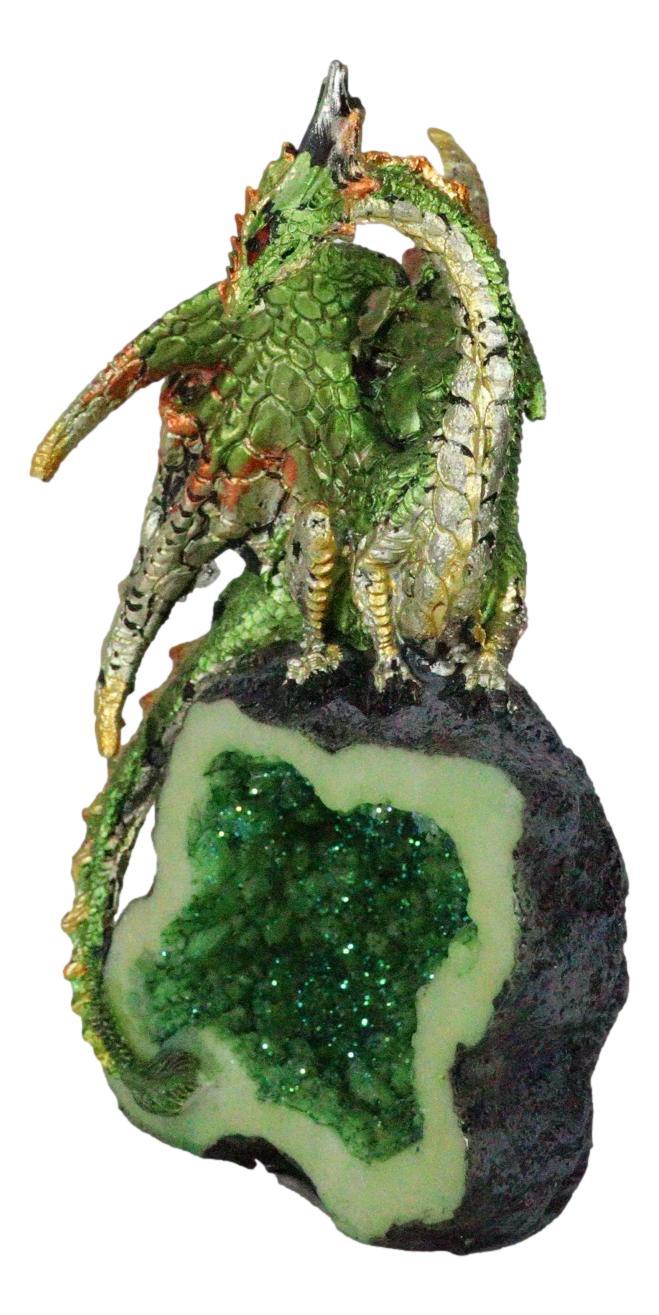 Terra Green Iridescent Dragon On Faux Geode Rock Quartz Crystal Cove Figurine