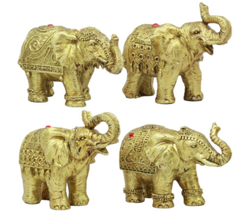 Thai Golden Elephant Feng Shui Figurine Set Of 4 Trunk Raised Elephants 3.5"Long