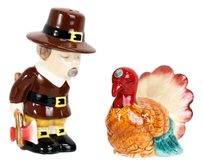 Thanksgiving Pilgrim With Axe Kissing Turkey Ceramic Salt And Pepper Shakers Set