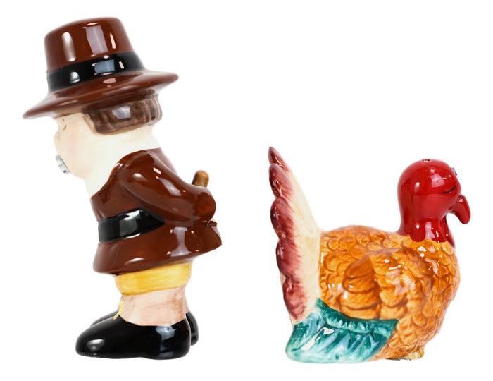 Thanksgiving Pilgrim With Axe Kissing Turkey Ceramic Salt And Pepper Shakers Set