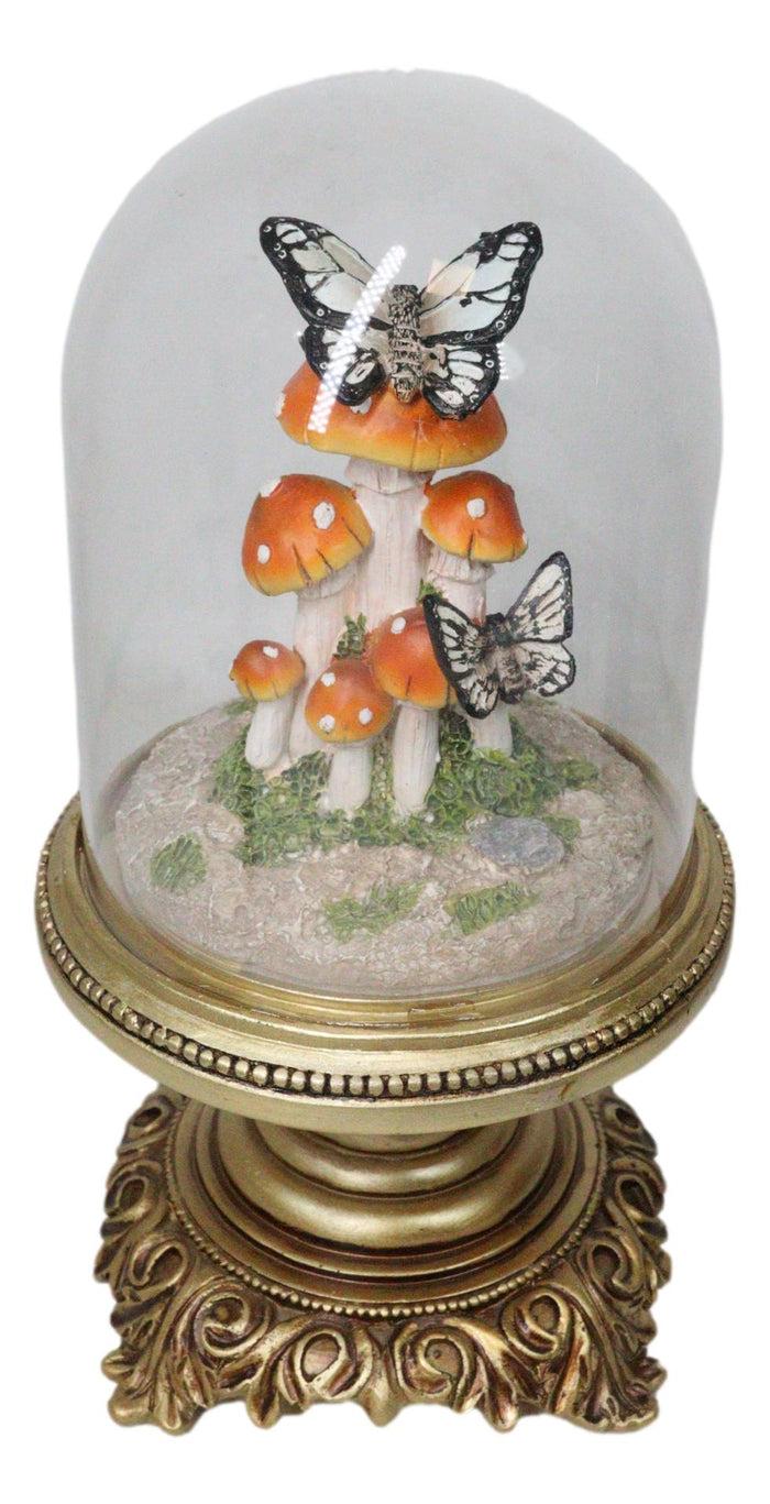 Toadstool Mushrooms Forest With Monarch Butterflies In Glass Cloche Figurine 11"H
