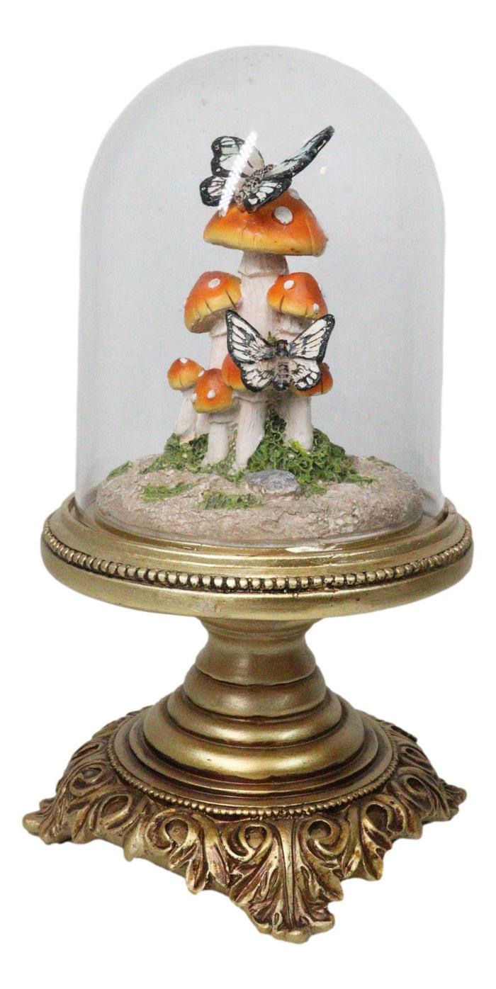 Toadstool Mushrooms Forest With Monarch Butterflies In Glass Cloche Figurine 11"H