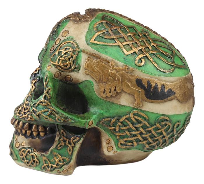 Tooled Celtic Lion Knotwork Shamrock Green Gold Tribal Skull Money Bank Figurine