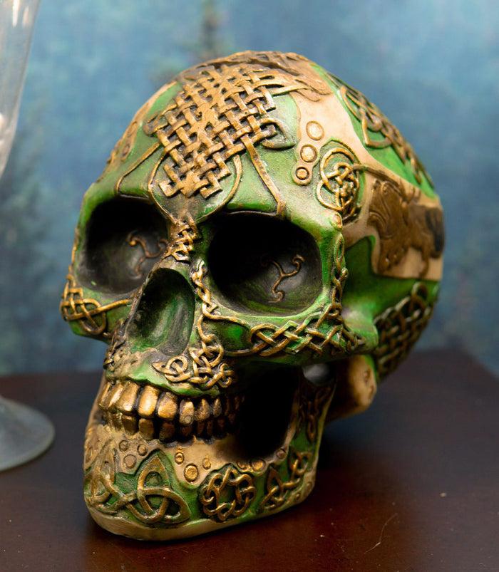 Tooled Celtic Lion Knotwork Shamrock Green Gold Tribal Skull Money Bank Figurine