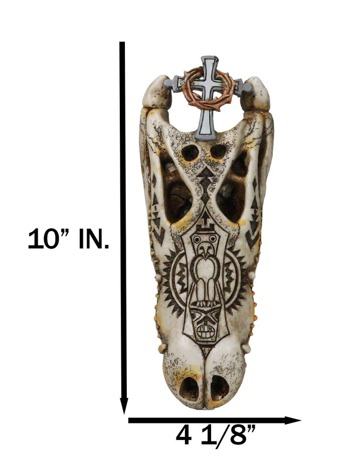 Totem Tattoo Alligator Crocodile Skull With Crown Of Thorns Cross Wall Decor