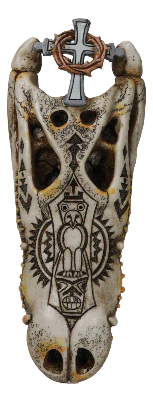 Totem Tattoo Alligator Crocodile Skull with Crown of Thorns Cross Wall Decor Totem Tattoo Alligator Crocodile Skull with Crown of Thorns Cross Wall Decor