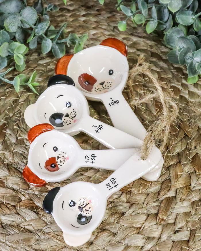 Tramp Mutt Dog Puppies Face Ceramic Stackable Kitchen Measuring Spoons Set