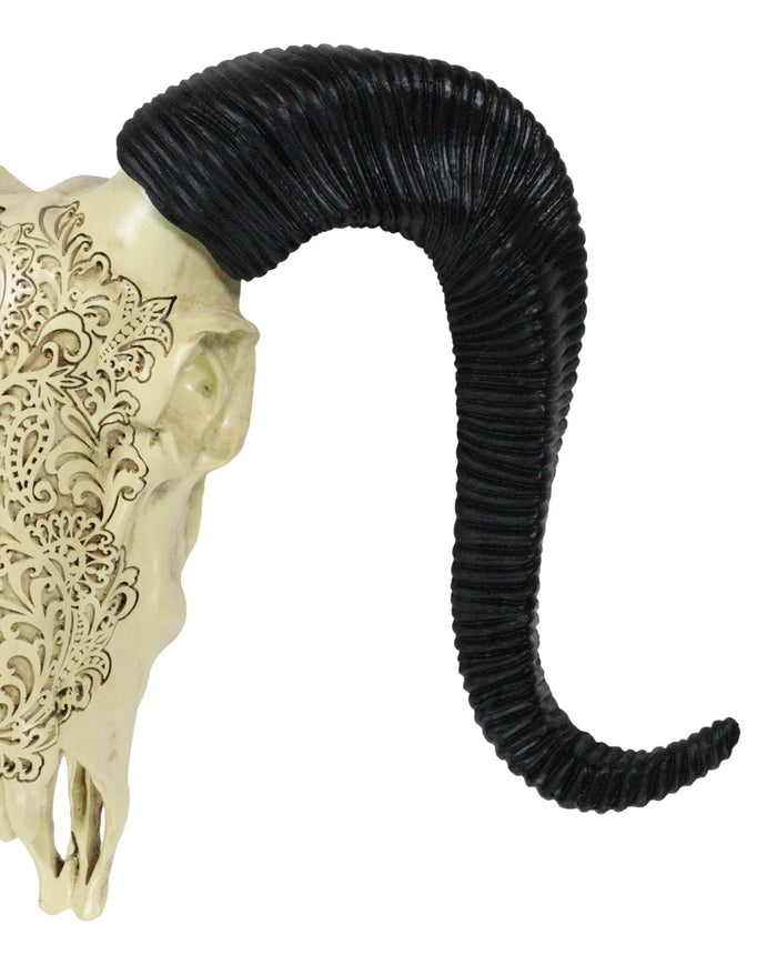 Tribal Floral Vines Tooled Filigree Corsican Ram Cow Skull Wall Decor Plaque