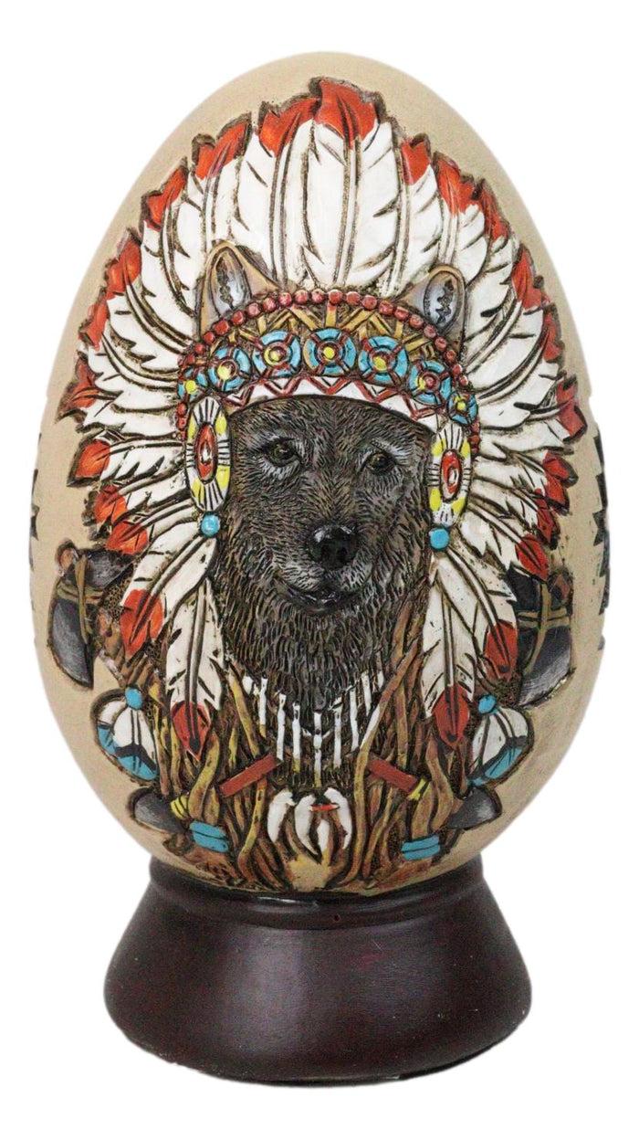 Tribal Indian Chief Wolf With Headdress Roach Egg Shaped Money Bank Figurine Tribal Indian Chief Wolf With Headdress Roach Egg Shaped Money Bank Figurine