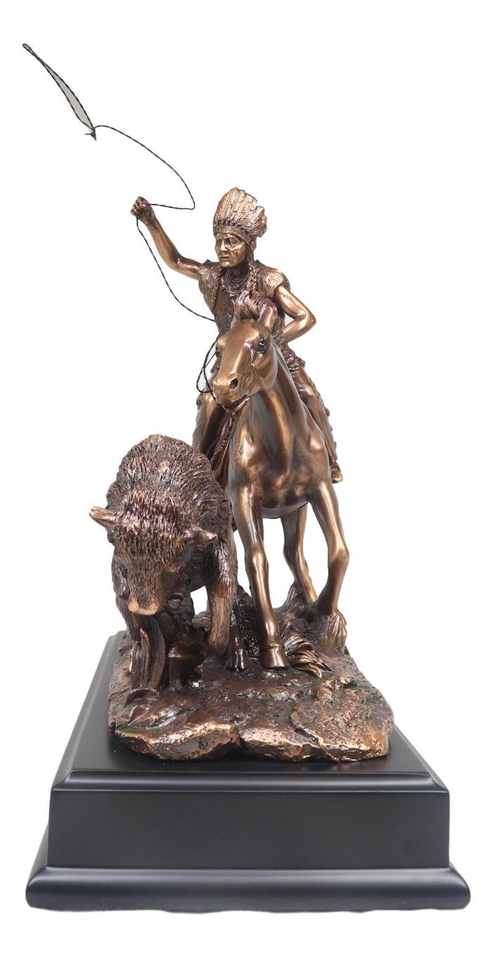 Tribal Native American Indian Hunter On Horse Roping Juvenile Bison Bull Statue