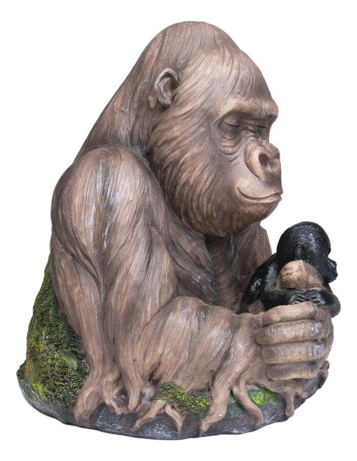 Tropical Rainforest Western Silverback Gorilla Cradling Baby Faux Wood Statue
