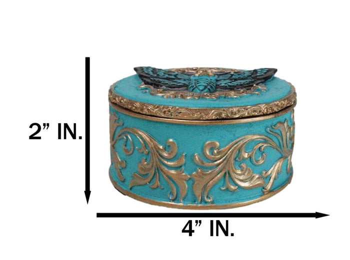 Turquoise And Gold Scrollwork Death Moth Skull Decorative Trinket Jewelry Box