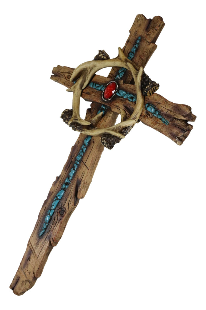 Turquoise And Red Gem Deer Antlers Wreath Faux Distressed Wood Cross Wall Decor