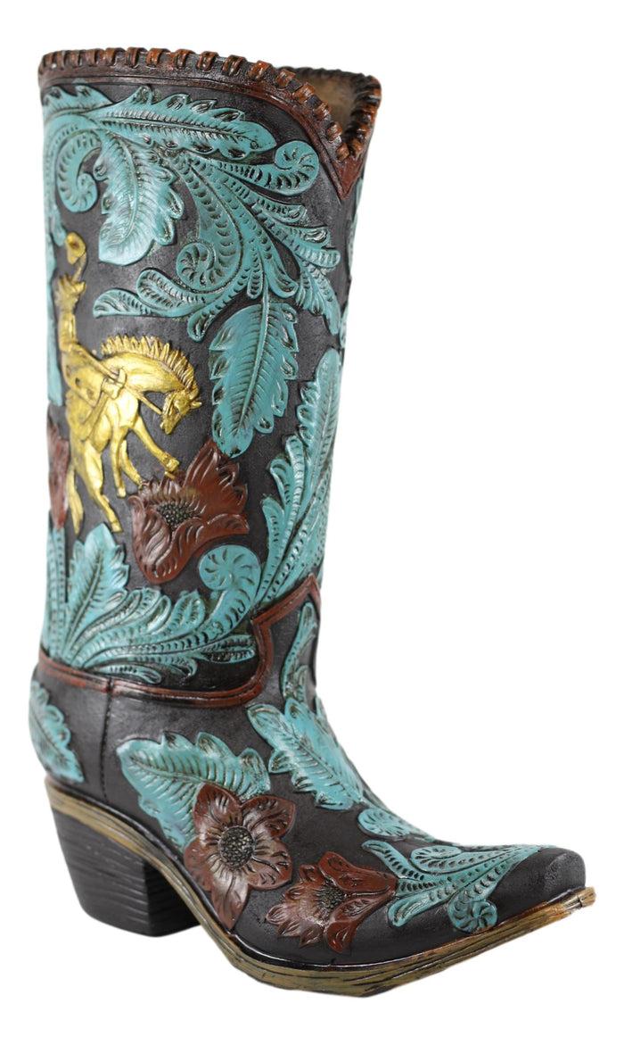 Turquoise Floral Scroll Lace W/ Rearing Horse Cowboy Boot Vase Planter Figurine