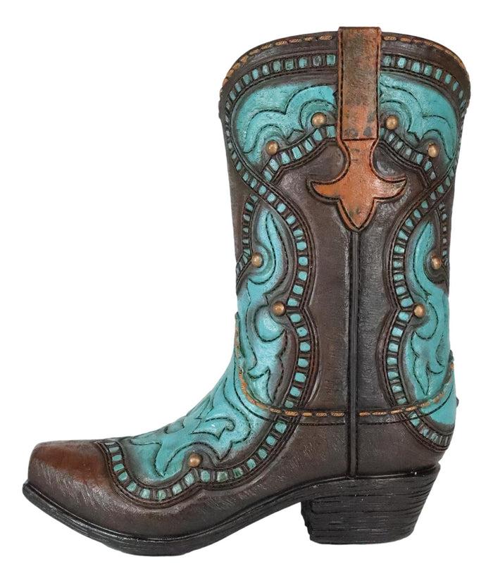 Turquoise Floral Scroll Pattern Fleur De Lis Cowboy Boot Vase Planter Figurine