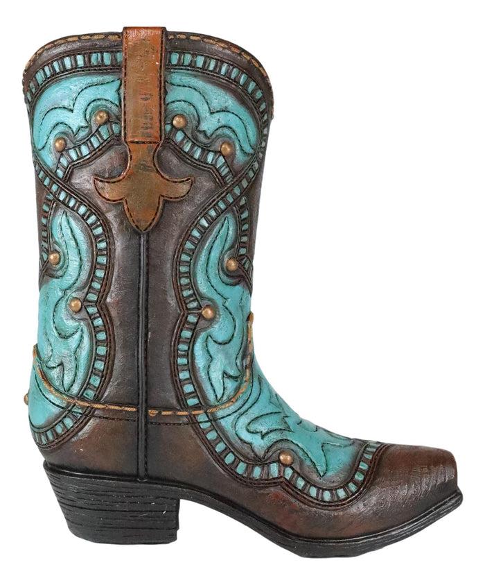 Turquoise Floral Scroll Pattern Fleur De Lis Cowboy Boot Vase Planter Figurine