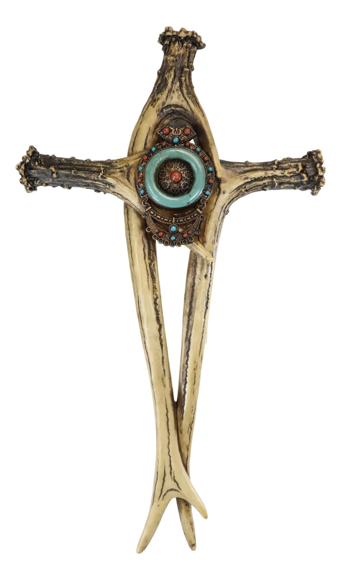 Turquoise Gemstones Ring On Intertwined Buck Deer Antlers Bone Wall Cross Decor