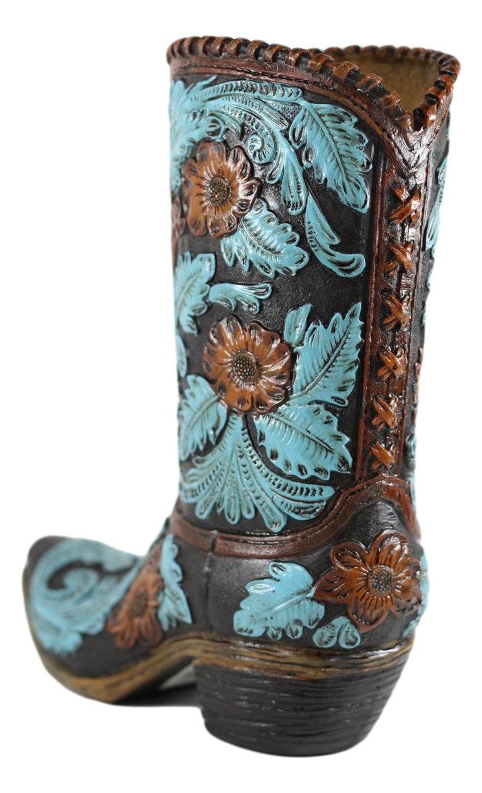 Turquoise Maroon Floral Scroll Lace Damask Cowboy Boot Vase Planter Figurine 12"