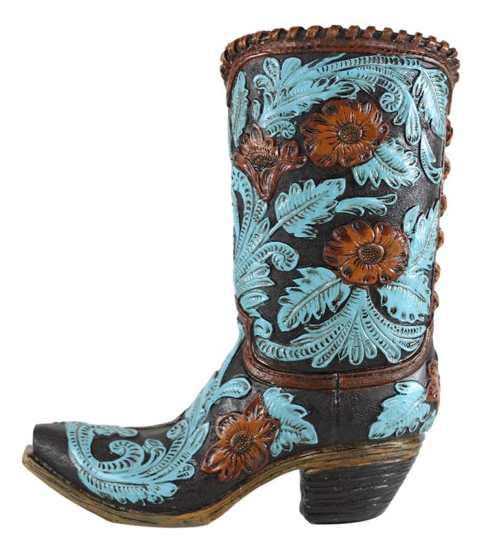 Turquoise Maroon Floral Scroll Lace Damask Cowboy Boot Vase Planter Figurine 12"