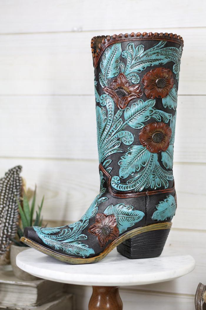 Turquoise Maroon Floral Scroll Lace Damask Cowboy Boot Vase Planter Figurine 12"