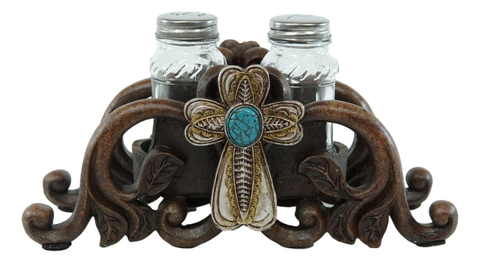 Turquoise Stone Holy Cross With Faux Wood Scroll Vines Salt Pepper Shakers Set