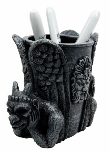 Two Gothic Night Demon Gargoyle Office Study Desktop Stationery Holder Figurine