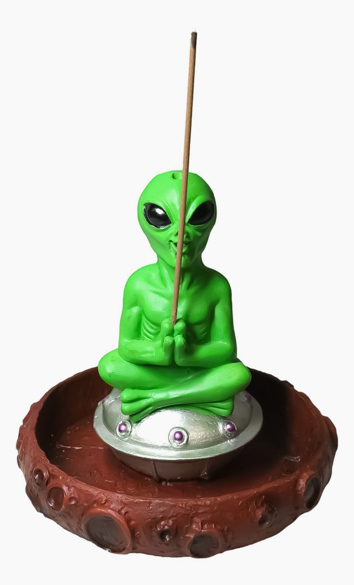UFO Green Alien In Spaceship Saucer Moon Crater Backflow Incense & Stick Burner