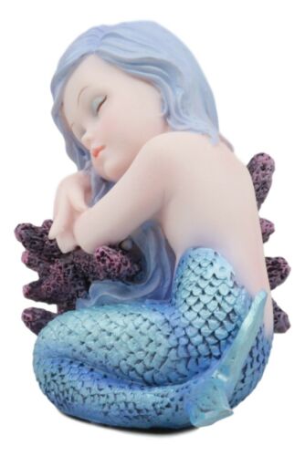 Under The Sea Blue Child Mermaid Sleeping On Coral Bed Statue Mergirl Figurine