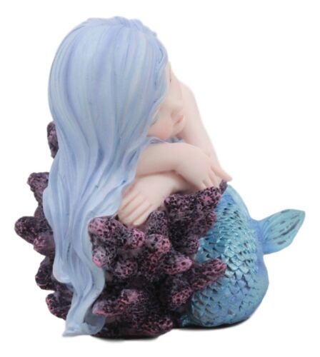 Under The Sea Blue Child Mermaid Sleeping On Coral Bed Statue Mergirl Figurine