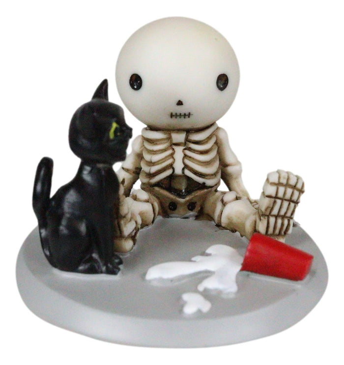 Unfortunate Skeleton Boy Lucky Sitting By Spilled Milk And Black Cat Figurine