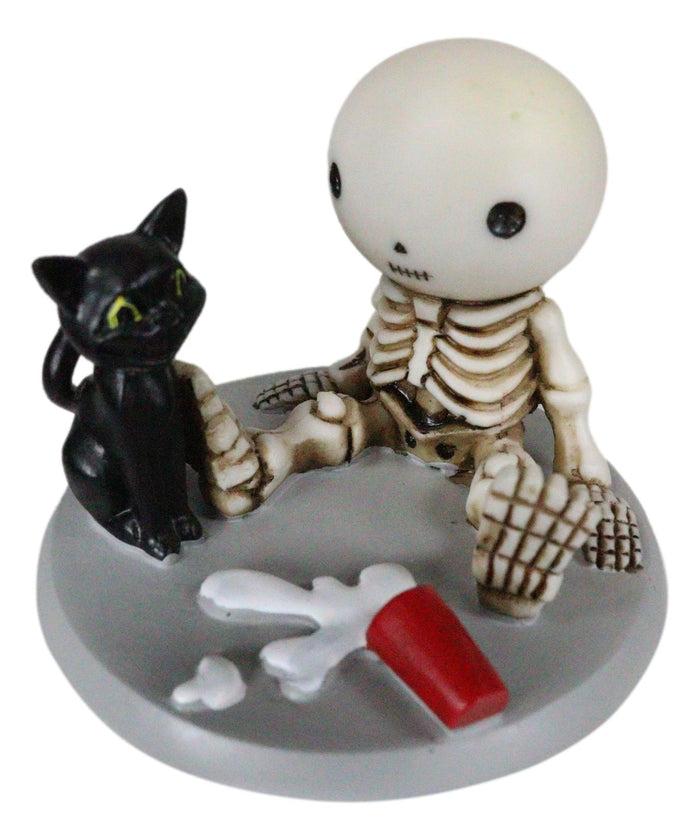 Unfortunate Skeleton Boy Lucky Sitting By Spilled Milk And Black Cat Figurine