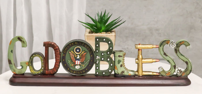 US Army Military Eagle Emblem Bullets And Camo Boots God Bless Word Art Plaque
