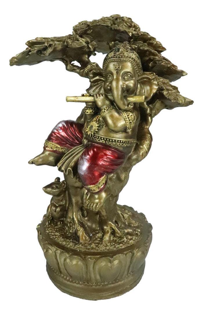 Vastu Hindu God Ganesha Ganapati Playing Flute On Tree Of Life By Mouse Figurine