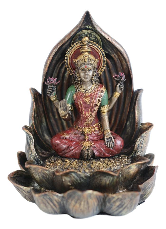 Vastu Hindu Goddess Lakshmi Seated On Lotus Backflow Incense Cone Burner Statue
