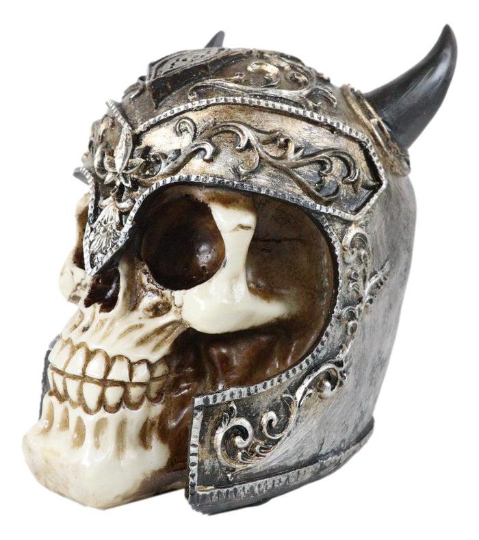 Viking Chieftain Warlord Odin Skull Figurine With Bull Horned Helmet Skeleton