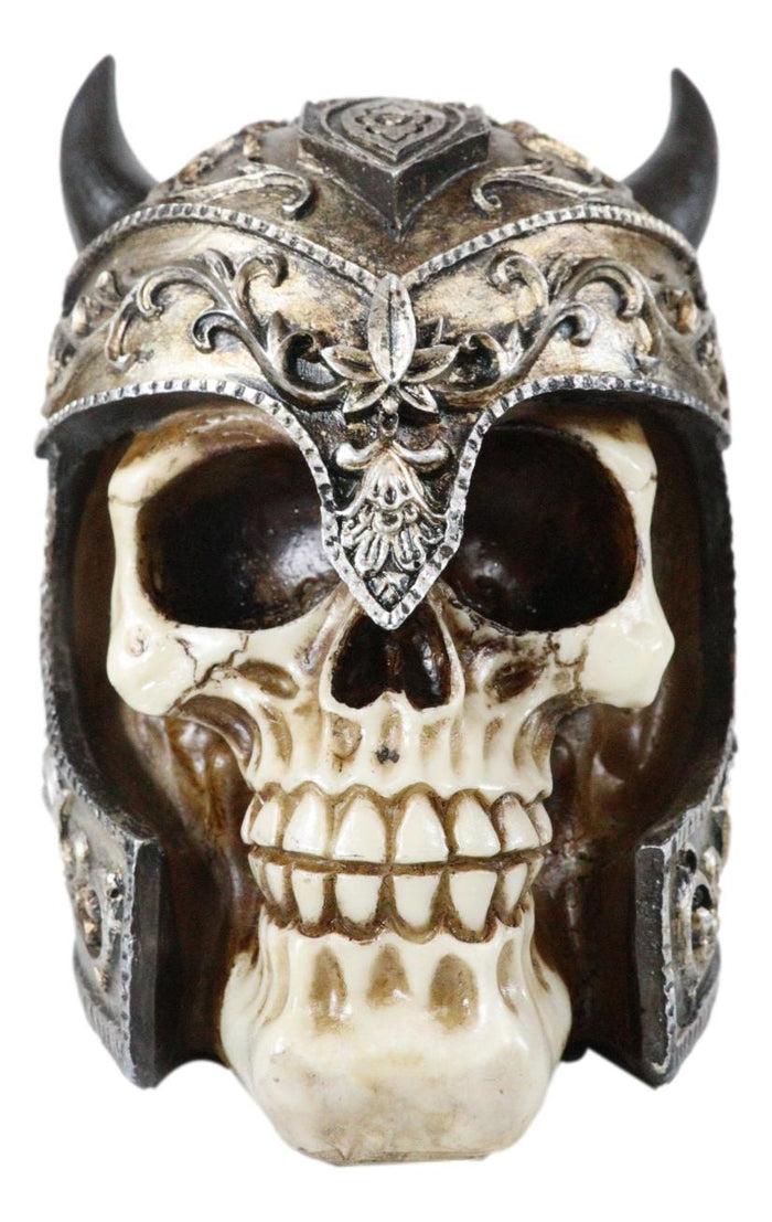 Viking Chieftain Warlord Odin Skull Figurine With Bull Horned Helmet Skeleton