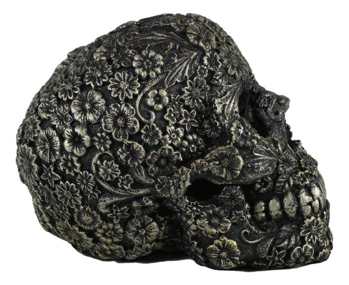 Vintage Bronze Finished Day Of The Dead Tooled Flora Fauna Floral Skull Figurine