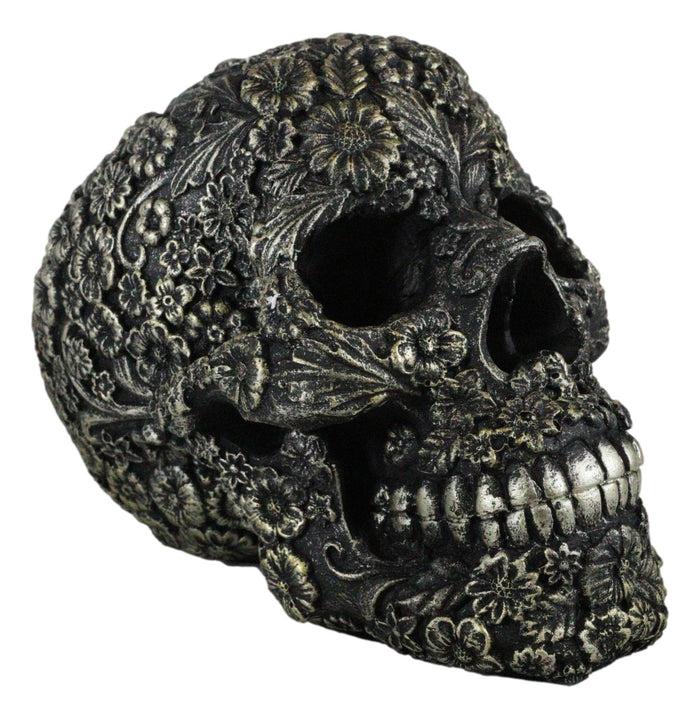 Vintage Bronze Finished Day Of The Dead Tooled Flora Fauna Floral Skull Figurine