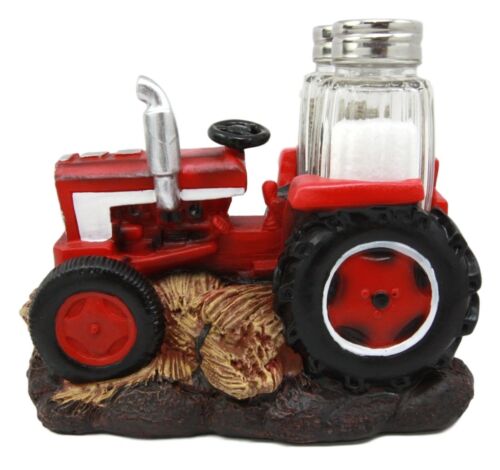 Vintage Country Farm Agriculture Red Tractor Salt Pepper Shakers Holder Figurine