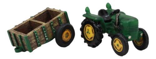 Vintage Country Farm Green Tractor Pulling Wagon Salt And Pepper Shakers Holder