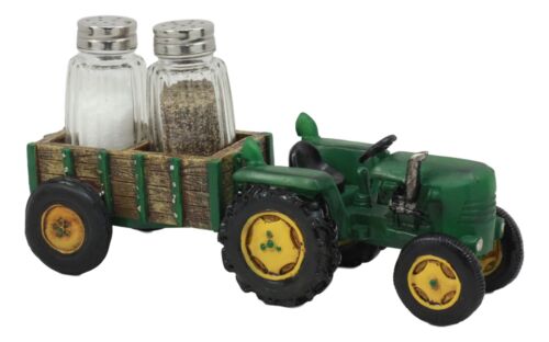 Vintage Country Farm Green Tractor Pulling Wagon Salt And Pepper Shakers Holder