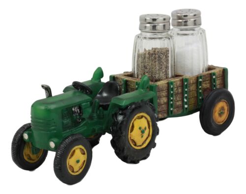 Vintage Country Farm Green Tractor Pulling Wagon Salt And Pepper Shakers Holder
